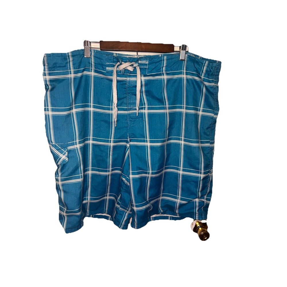 OP Mens Swim Shorts Drawstring Turquoise Blue Checked Trunks Size XL (42-44